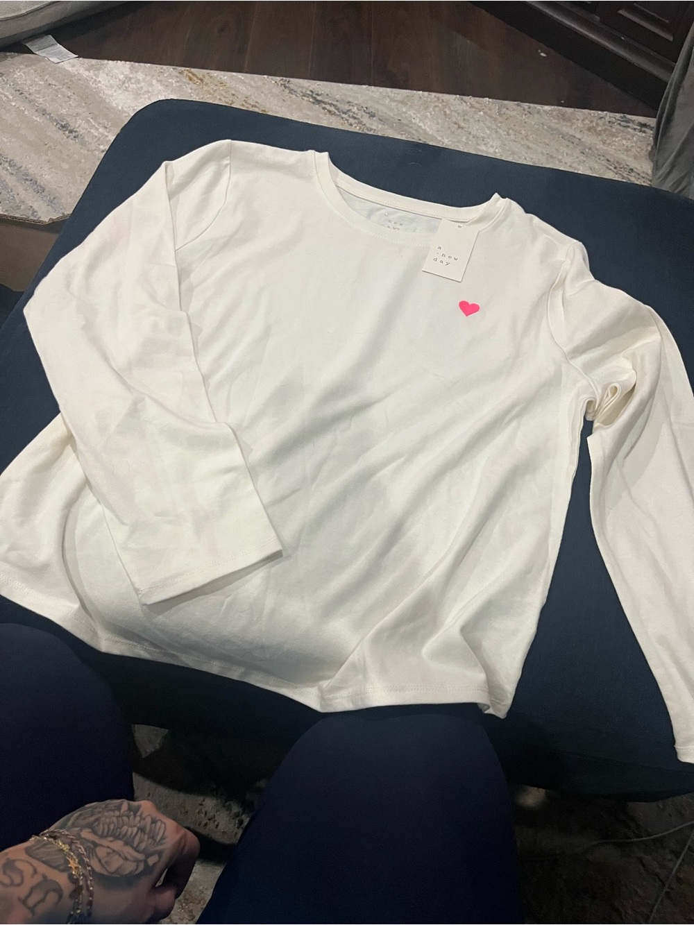 Long-Sleeve Cream Top with Pink Heart